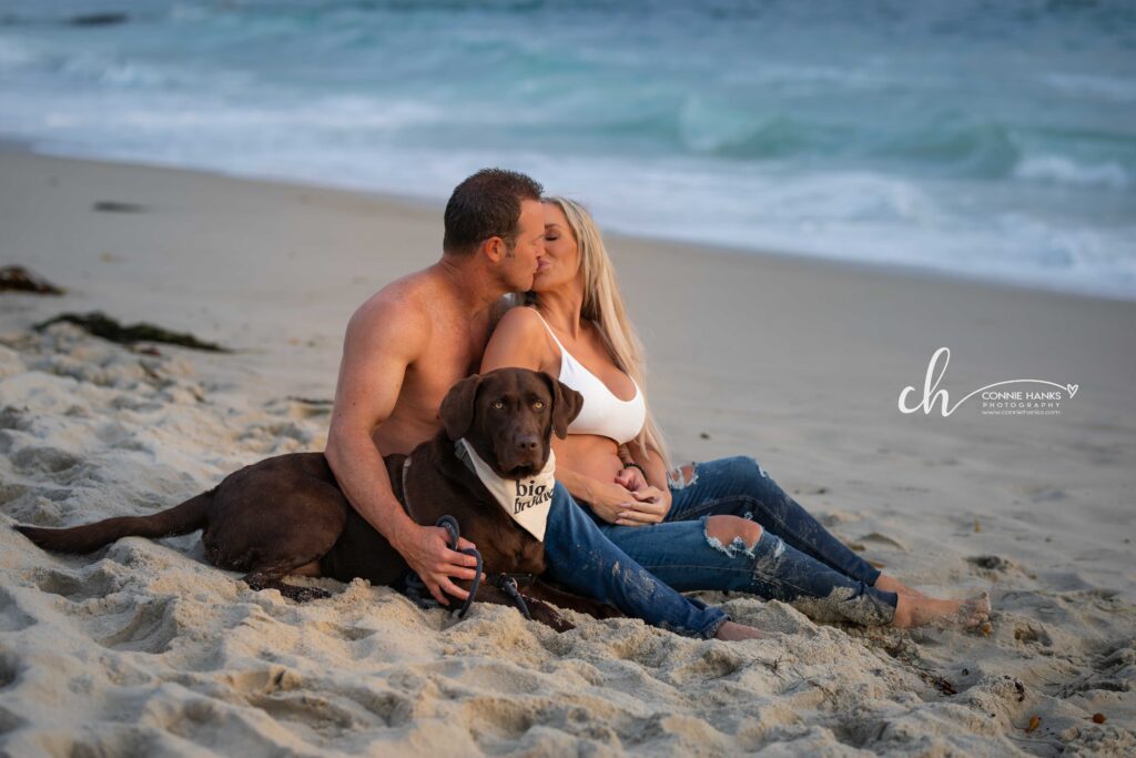 Maternity photos at Windansea Beach, La Jolla. Couple sitting on sand with dog on beach.