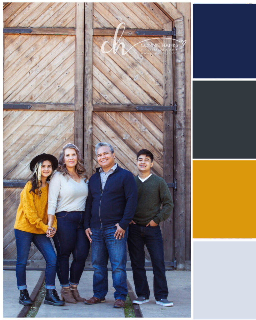 Family photo session in San Diego wearing navy, olive, and mustard color palette to help you choose the perfect outfits for your next session