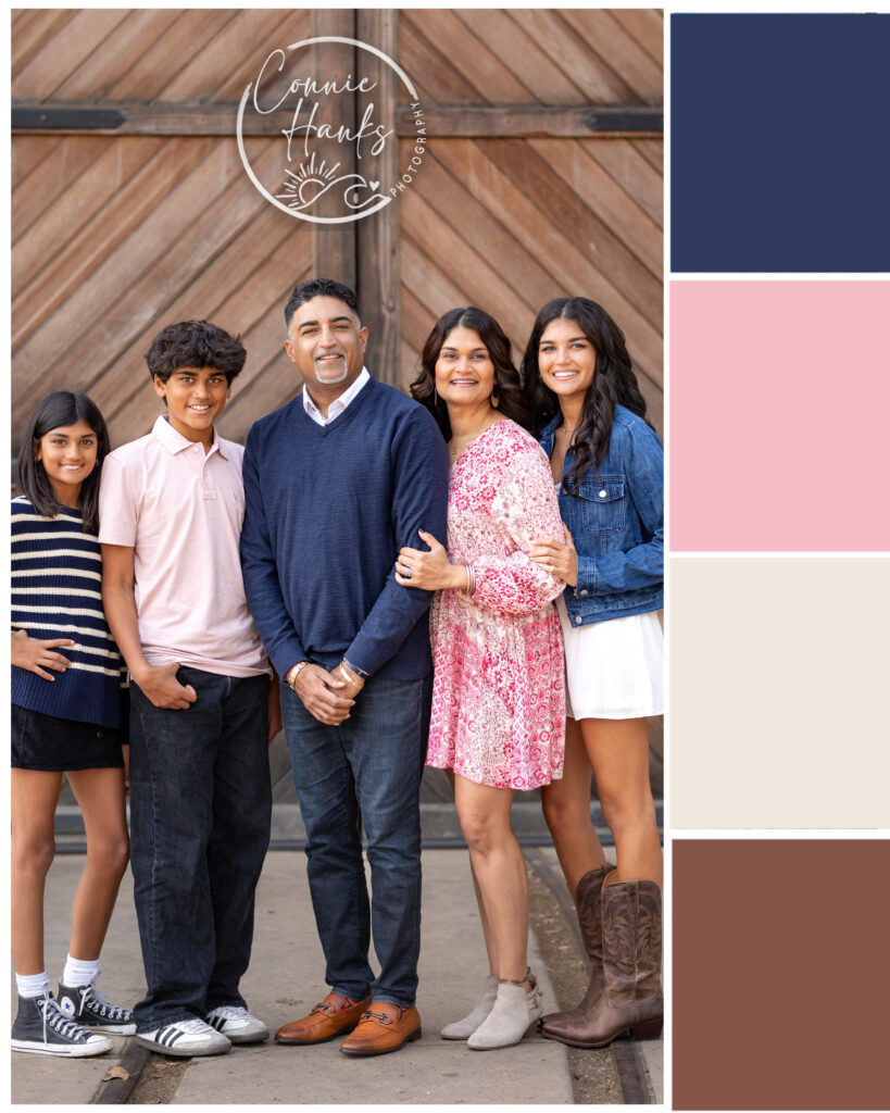 San Diego family photo session wearing neutral and blush color palette with denim and navy tones to help choose the perfect outfits for your next session