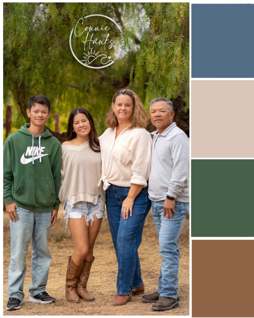 Outdoor San Diego family photos featuring earth tone outfits in olive green, cream, and denim to help choose the perfect outfits for your next session