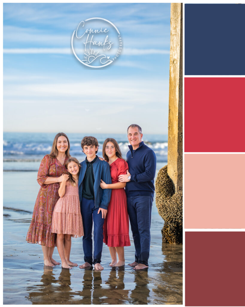 San Diego beach family photo session with terracotta, rust, rose, and navy outfits near pier to help you choose the perfect outfits for your next session